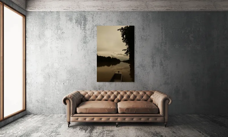 Tablou Canvas, "Barca singuratică pe râu tăcut", Calm, Tranquil, Reflective, Overcast, Serene, Silent, Peaceful, Moody, Coastal, Verdant, 100 x 150 cm – poza 6