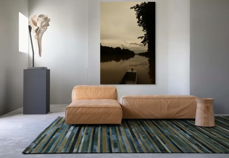Tablou Canvas, "Barca singuratică pe râu tăcut", Calm, Tranquil, Reflective, Overcast, Serene, Silent, Peaceful, Moody, Coastal, Verdant, 100 x 150 cm – poza 7