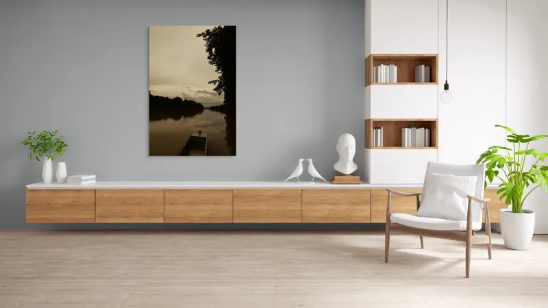 Tablou Canvas, "Barca singuratică pe râu tăcut", Calm, Tranquil, Reflective, Overcast, Serene, Silent, Peaceful, Moody, Coastal, Verdant, 100 x 150 cm – poza 8