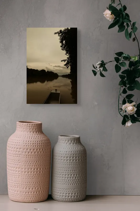 Tablou Canvas, "Barca singuratică pe râu tăcut", Calm, Tranquil, Reflective, Overcast, Serene, Silent, Peaceful, Moody, Coastal, Verdant, 26 x 39 cm – poza 6