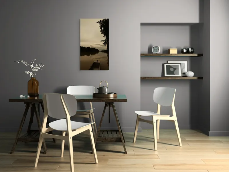 Tablou Canvas, "Barca singuratică pe râu tăcut", Calm, Tranquil, Reflective, Overcast, Serene, Silent, Peaceful, Moody, Coastal, Verdant, 50 x 90 cm – poza 4