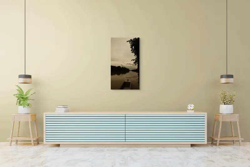 Tablou Canvas, "Barca singuratică pe râu tăcut", Calm, Tranquil, Reflective, Overcast, Serene, Silent, Peaceful, Moody, Coastal, Verdant, 50 x 90 cm – poza 6