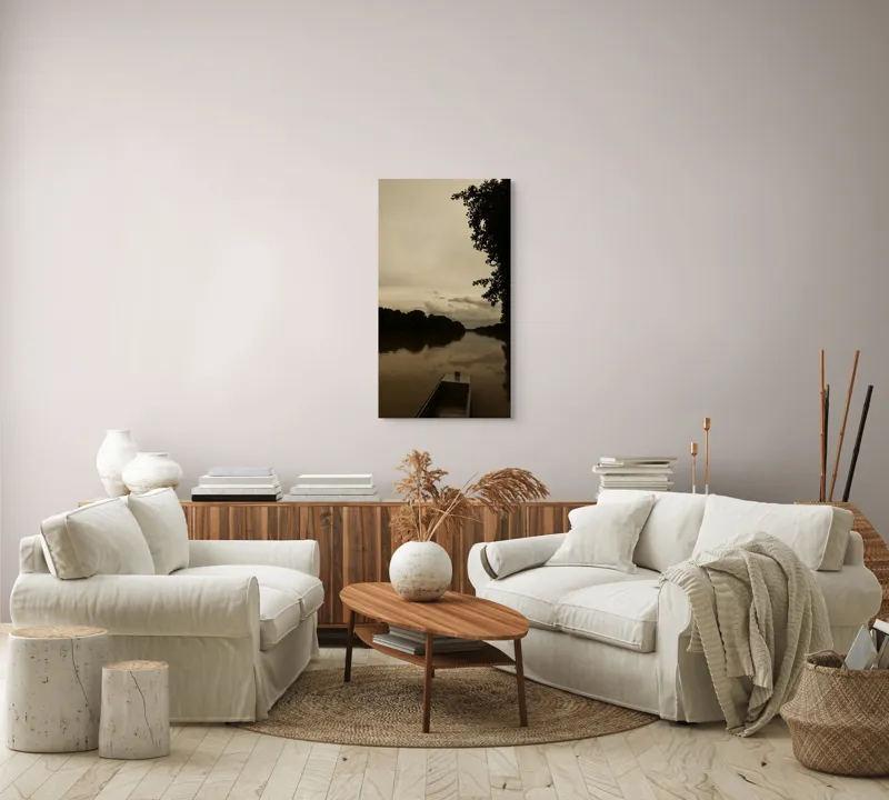 Tablou Canvas, "Barca singuratică pe râu tăcut", Calm, Tranquil, Reflective, Overcast, Serene, Silent, Peaceful, Moody, Coastal, Verdant, 50 x 90 cm – poza 7