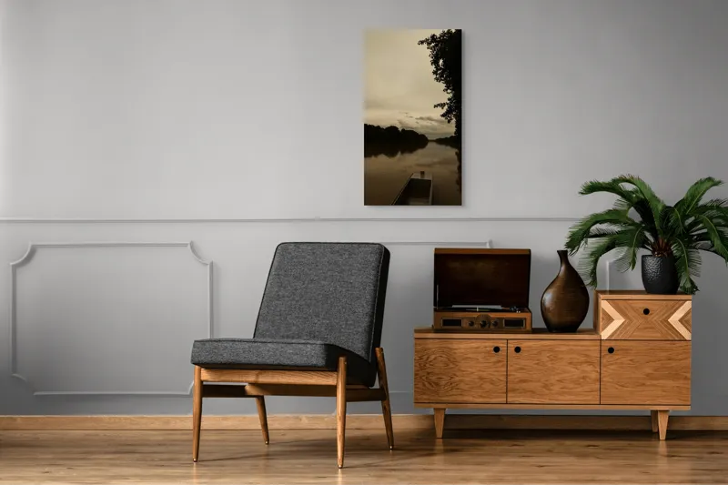 Tablou Canvas, "Barca singuratică pe râu tăcut", Calm, Tranquil, Reflective, Overcast, Serene, Silent, Peaceful, Moody, Coastal, Verdant, 50 x 90 cm – poza 8
