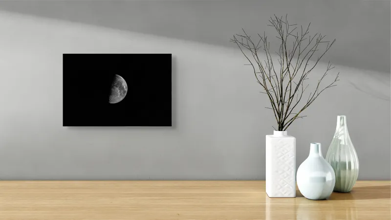 Tablou Canvas, "Luna pe cerul întunecat al nopții", Halbă, Luminată, Cer, Noapte, Strălucire, Mister, Astronomic, Satelit, Întuneric, Spațiu, 39 x 26 cm – poza 8