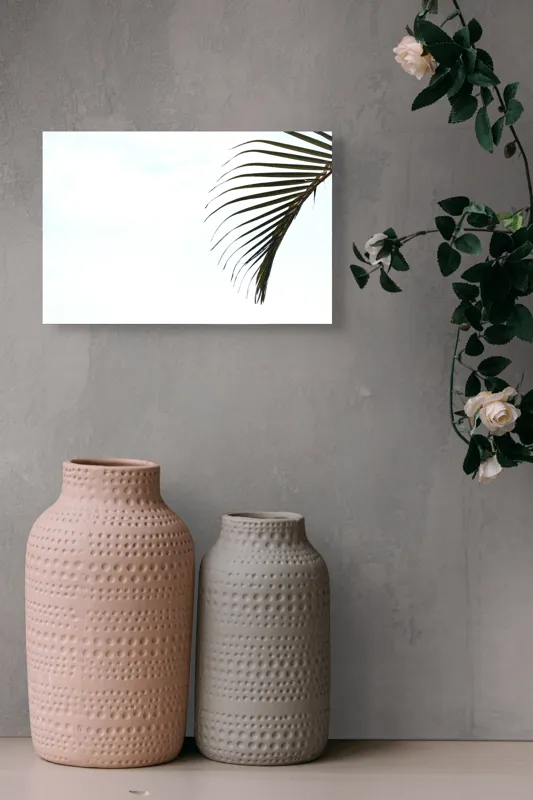 Tablou Canvas, "Frunza de palmier în briza verii", Frunze, Palmier, Cer, Alb, Simplitate, Minimalism, Verde, Natură, 39 x 26 cm – poza 4