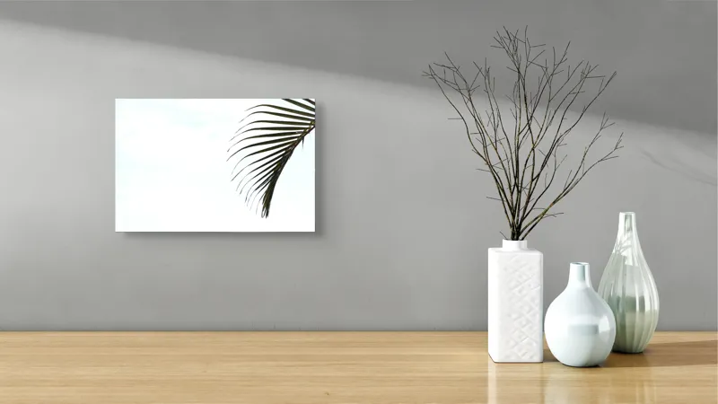 Tablou Canvas, "Frunza de palmier în briza verii", Frunze, Palmier, Cer, Alb, Simplitate, Minimalism, Verde, Natură, 39 x 26 cm – poza 8