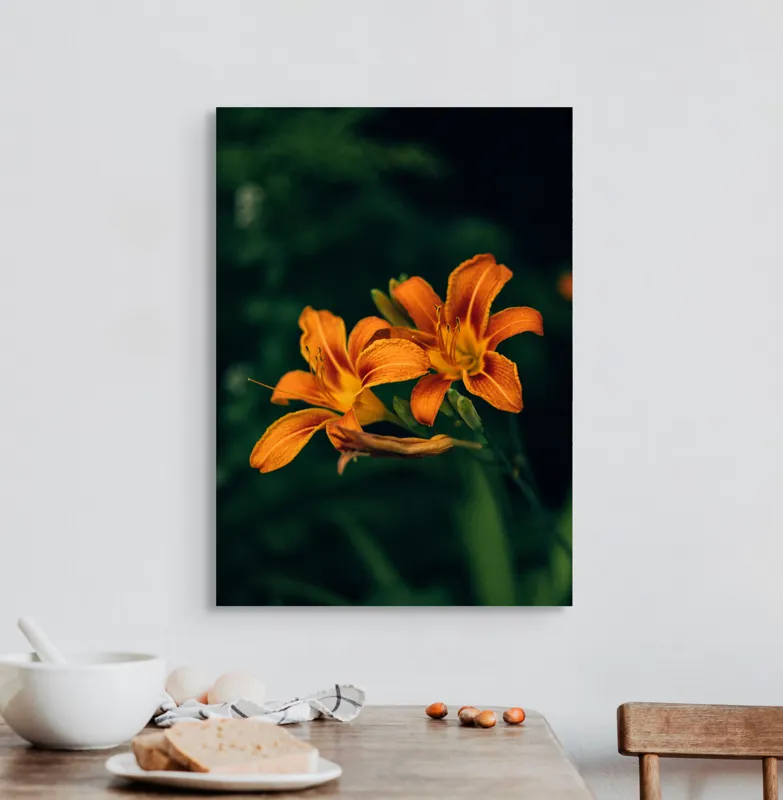 Tablou Canvas, "Frumusețea efemeră a crinilor portocalii", Floare, Portocalie, Petale, Delicată, Naturalețe, Contrast, Vegetație, 50 x 70 cm – poza 3
