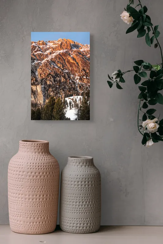 Tablou Canvas, "Răsăritul peste crestele înzăpezite ale muntelui", Apus, Munte, Zăpadă, Brazi, Stâncă, Cer, Lumină, Iarnă, Natură, Contrast, 26 x 39 cm – poza 6