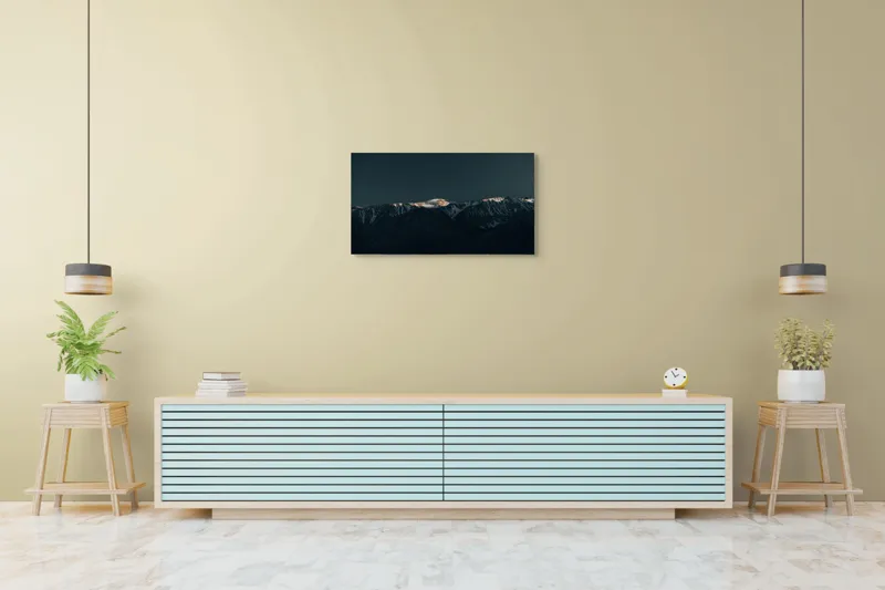 Tablou Canvas, "Muntele luminat de apusul soarelui", Munți, Vârfuri, Zăpadă, Apus, Întuneric, 90 x 50 cm – poza 5