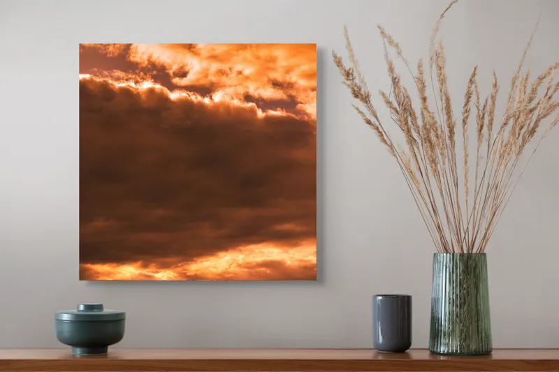 Tablou Canvas, "Cerul în amurgul de foc", Nori, Apus, Portocaliu, Cer, Lumină, 50 x 50 cm – poza 4