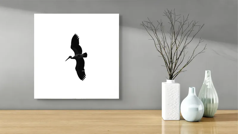 Tablou Canvas, "Silueta elegantă a unei berze negre", Pasăre, Siluetă, Zbor, Cer, Aripă, Contrast, Natură, Libertate, 50 x 50 cm – poza 3