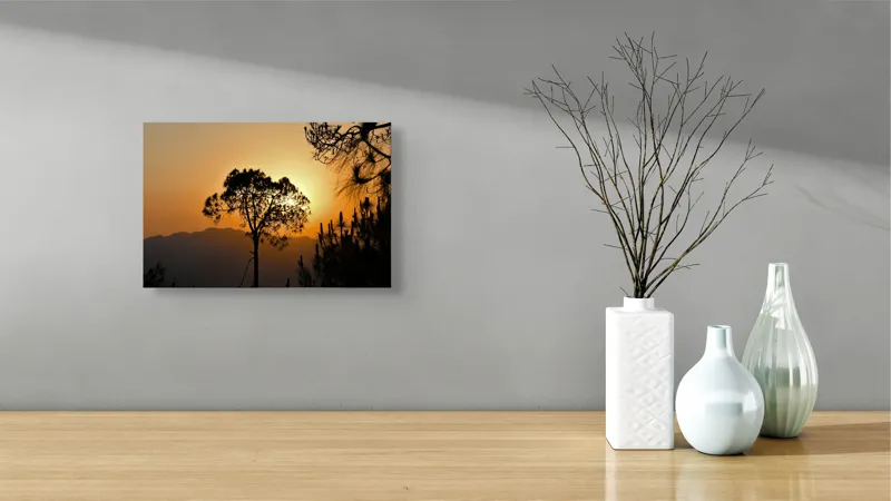 Tablou Canvas, "Apus de soare în pădurea de conifere", Apus, Siluetă, Copaci, Cer, Peisaj, Contururi, Soare, Ramuri, 39 x 26 cm – poza 8