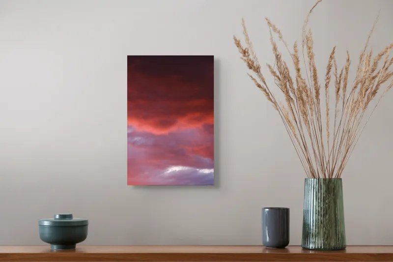 Tablou Canvas, "Cerul pictat în apus vibrant", Roșu, Apus, Dramatic, Cer, Nori, Strălucire, Natură, 26 x 39 cm – poza 5