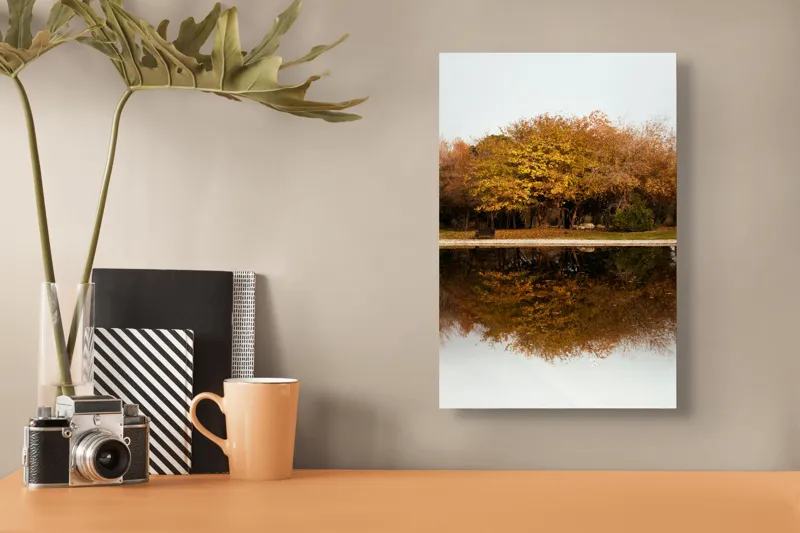 Tablou Canvas, "Reflexia toamnei pe lac liniștit", Copaci, Toamnă, Reflecție, Lac, Frunze, Aurii, Natură, Liniște, Peisaj, Pitoresc, 26 x 39 cm – poza 3