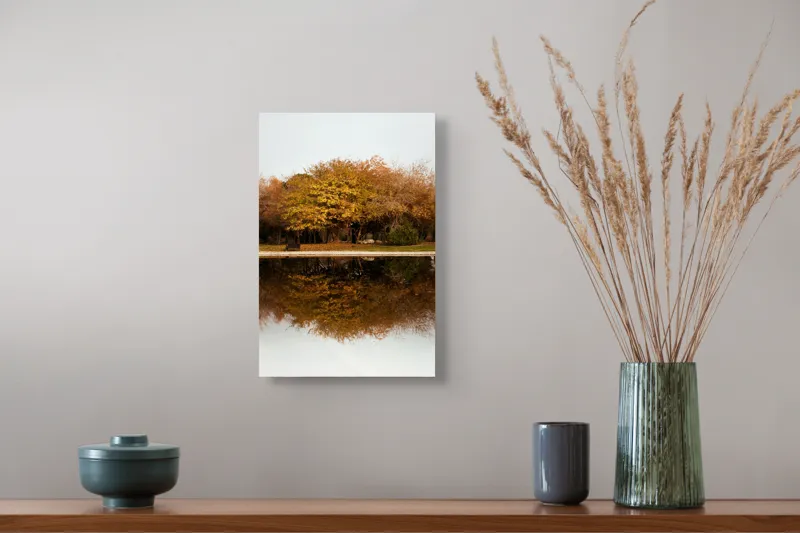 Tablou Canvas, "Reflexia toamnei pe lac liniștit", Copaci, Toamnă, Reflecție, Lac, Frunze, Aurii, Natură, Liniște, Peisaj, Pitoresc, 26 x 39 cm – poza 5