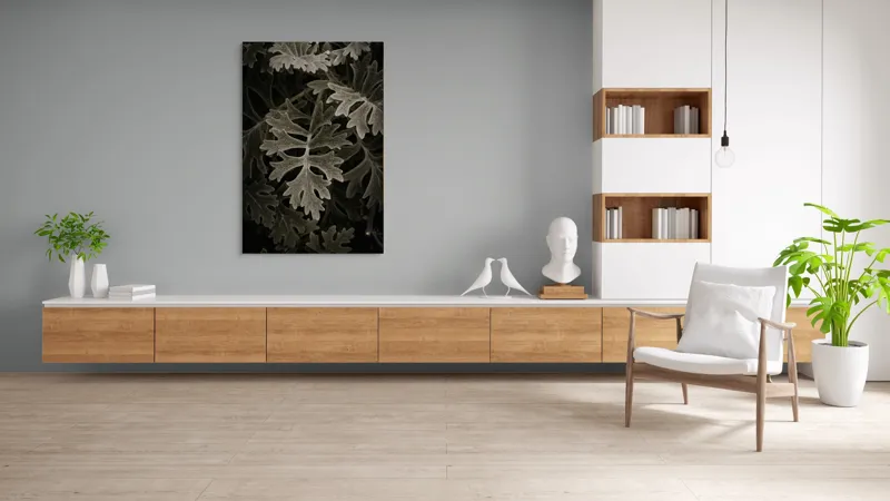Tablou Canvas, "Frunze de stejar în umbră misterioasă", Frunze, Detaliu, Textură, Contrast, Verde Închis, Forme, Natură, Lumină, Umbră, 100 x 150 cm – poza 8