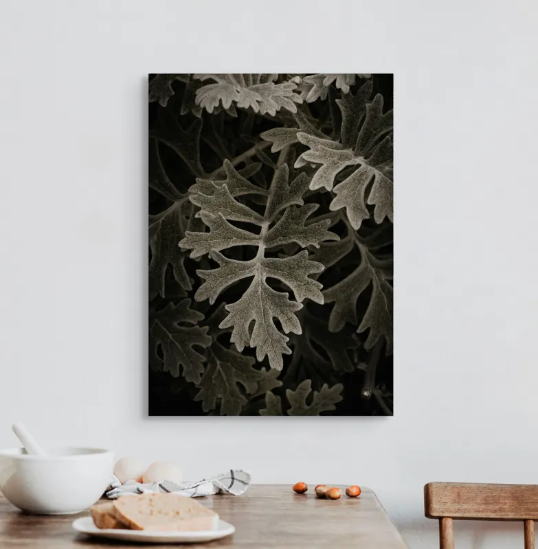 Tablou Canvas, "Frunze de stejar în umbră misterioasă", Frunze, Detaliu, Textură, Contrast, Verde Închis, Forme, Natură, Lumină, Umbră, 50 x 70 cm – poza 3