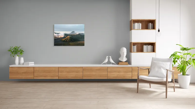 Tablou Canvas, "Volcanii în zori de ziua.", Munte, Nor, Lumină, Cer, Peisaj, Vulcan, Verde, Natură, Ceață, Apus, 100 x 70 cm – poza 6