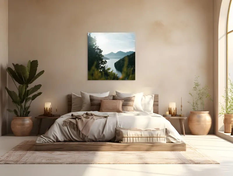 Tablou Canvas, "Lac luminos în mijlocul munților", Munte, Lac, Cer, Verdeață, Reflecție, Soare, Peisaj, Tranquilitate, Natură, Priveliște, 100 x 100 cm – poza 4