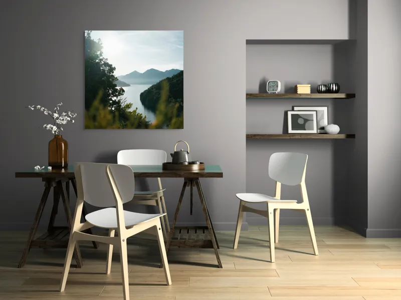 Tablou Canvas, "Lac luminos în mijlocul munților", Munte, Lac, Cer, Verdeață, Reflecție, Soare, Peisaj, Tranquilitate, Natură, Priveliște, 100 x 100 cm – poza 6