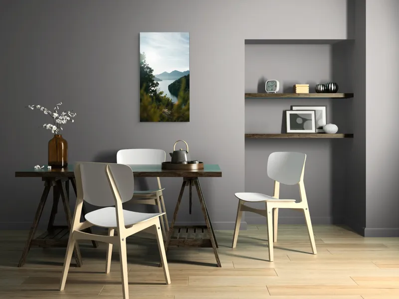 Tablou Canvas, "Lac luminos în mijlocul munților", Munte, Lac, Cer, Verdeață, Reflecție, Soare, Peisaj, Tranquilitate, Natură, Priveliște, 50 x 90 cm – poza 4