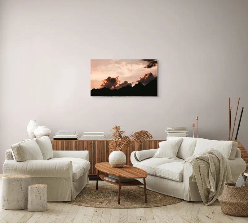 Tablou Canvas, "Nori aprinși peste vârfuri de munte", Nor, Cer, Siluetă, Amurg, Crepuscul, Vârf, Lumină, Dramatic, Peisaj, Frumusețe, 90 x 50 cm – poza 4