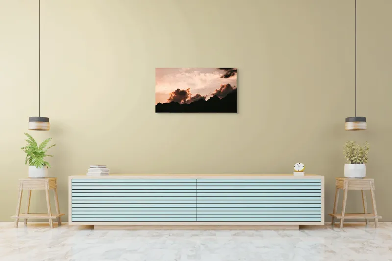 Tablou Canvas, "Nori aprinși peste vârfuri de munte", Nor, Cer, Siluetă, Amurg, Crepuscul, Vârf, Lumină, Dramatic, Peisaj, Frumusețe, 90 x 50 cm – poza 5