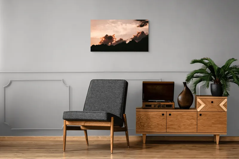 Tablou Canvas, "Nori aprinși peste vârfuri de munte", Nor, Cer, Siluetă, Amurg, Crepuscul, Vârf, Lumină, Dramatic, Peisaj, Frumusețe, 90 x 50 cm – poza 6