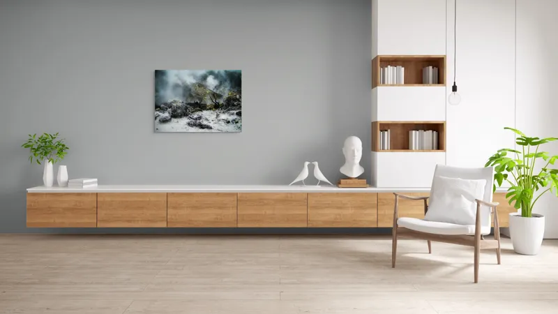 Tablou Canvas, "Pământul fierbinte și aburii misterioși", Rocă, Aburi, Peisaj, Vulcanic, Natură, Cenușiu, Dramatic, Misterios, 100 x 70 cm – poza 6