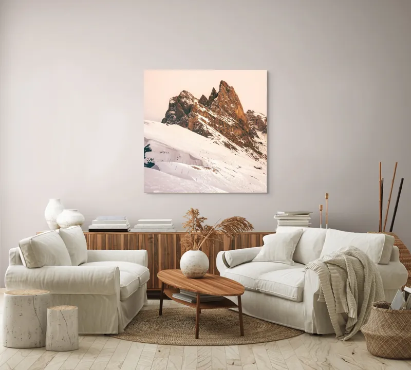 Tablou Canvas, "Munți înzăpeziți sub apus rozaliu", Pictură, Frumusețe, Măreție, Munți, Ninsoare, Majestuos, Peisaj, Tranquilitate, Splendoare, Natură, 100 x 100 cm – poza 3