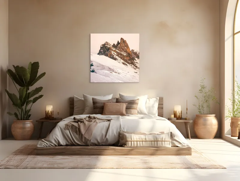 Tablou Canvas, "Munți înzăpeziți sub apus rozaliu", Pictură, Frumusețe, Măreție, Munți, Ninsoare, Majestuos, Peisaj, Tranquilitate, Splendoare, Natură, 100 x 100 cm – poza 4