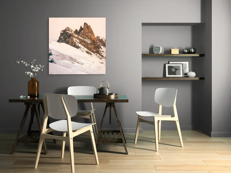 Tablou Canvas, "Munți înzăpeziți sub apus rozaliu", Pictură, Frumusețe, Măreție, Munți, Ninsoare, Majestuos, Peisaj, Tranquilitate, Splendoare, Natură, 100 x 100 cm – poza 6