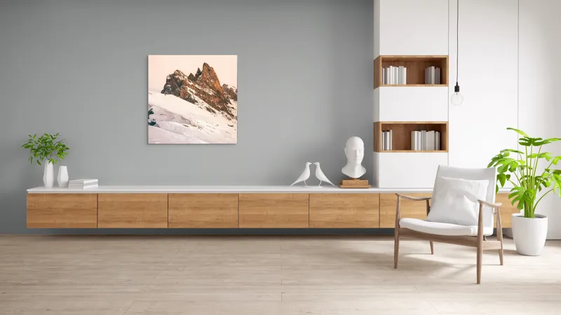 Tablou Canvas, "Munți înzăpeziți sub apus rozaliu", Pictură, Frumusețe, Măreție, Munți, Ninsoare, Majestuos, Peisaj, Tranquilitate, Splendoare, Natură, 100 x 100 cm – poza 8