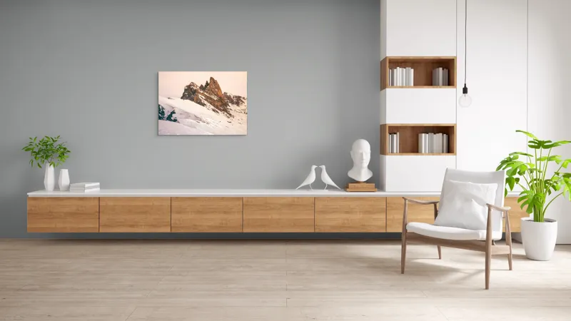 Tablou Canvas, "Munți înzăpeziți sub apus rozaliu", Pictură, Frumusețe, Măreție, Munți, Ninsoare, Majestuos, Peisaj, Tranquilitate, Splendoare, Natură, 100 x 70 cm – poza 6
