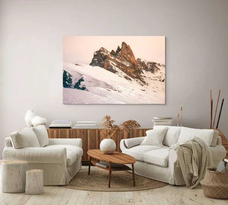 Tablou Canvas, "Munți înzăpeziți sub apus rozaliu", Pictură, Frumusețe, Măreție, Munți, Ninsoare, Majestuos, Peisaj, Tranquilitate, Splendoare, Natură, 150 x 100 cm – poza 3