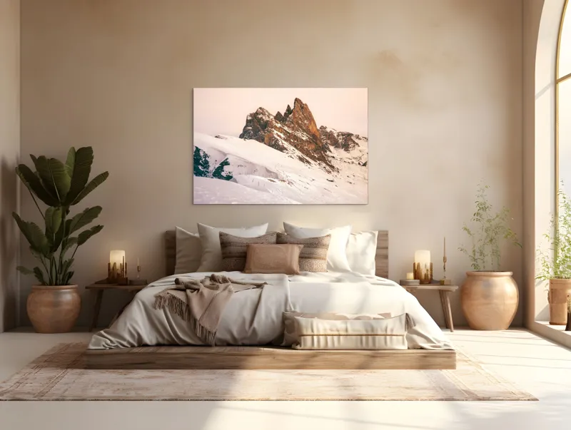 Tablou Canvas, "Munți înzăpeziți sub apus rozaliu", Pictură, Frumusețe, Măreție, Munți, Ninsoare, Majestuos, Peisaj, Tranquilitate, Splendoare, Natură, 150 x 100 cm – poza 4