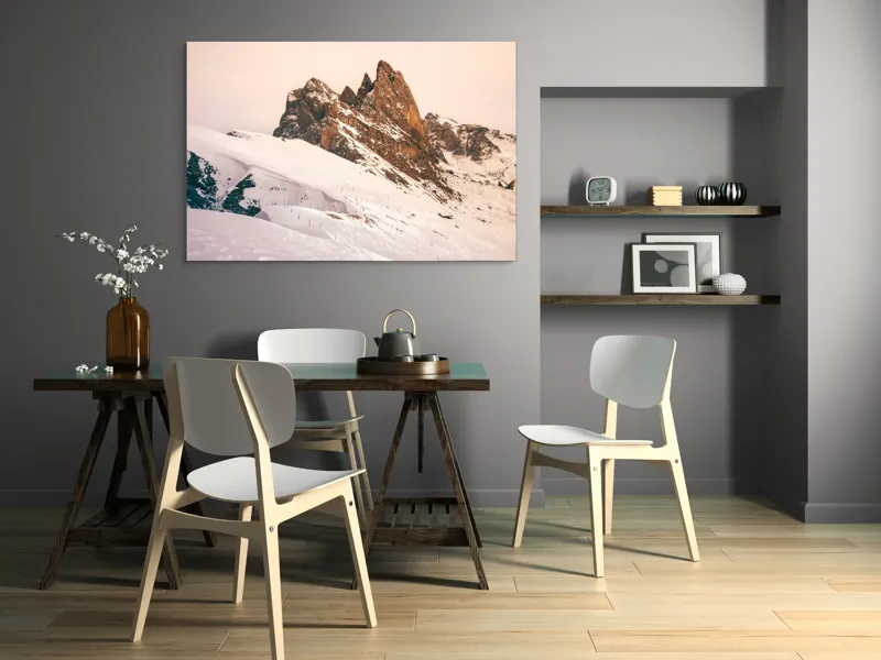 Tablou Canvas, "Munți înzăpeziți sub apus rozaliu", Pictură, Frumusețe, Măreție, Munți, Ninsoare, Majestuos, Peisaj, Tranquilitate, Splendoare, Natură, 150 x 100 cm – poza 5