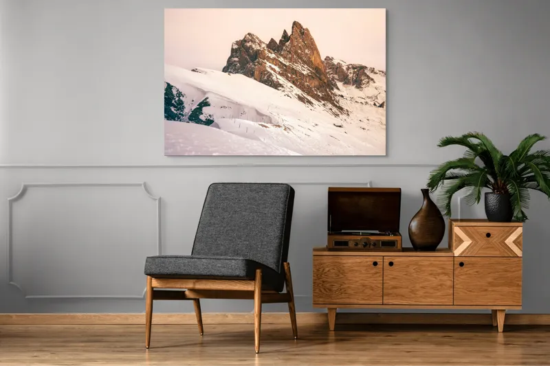 Tablou Canvas, "Munți înzăpeziți sub apus rozaliu", Pictură, Frumusețe, Măreție, Munți, Ninsoare, Majestuos, Peisaj, Tranquilitate, Splendoare, Natură, 150 x 100 cm – poza 8