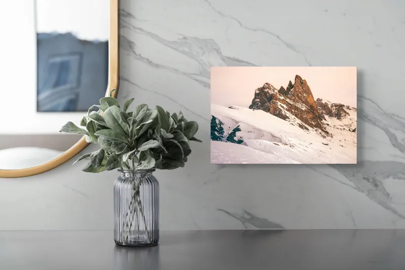 Tablou Canvas, "Munți înzăpeziți sub apus rozaliu", Pictură, Frumusețe, Măreție, Munți, Ninsoare, Majestuos, Peisaj, Tranquilitate, Splendoare, Natură, 39 x 26 cm – poza 5
