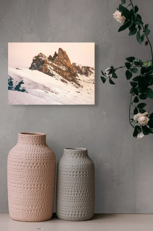 Tablou Canvas, "Munți înzăpeziți sub apus rozaliu", Pictură, Frumusețe, Măreție, Munți, Ninsoare, Majestuos, Peisaj, Tranquilitate, Splendoare, Natură, 54 x 39 cm – poza 8