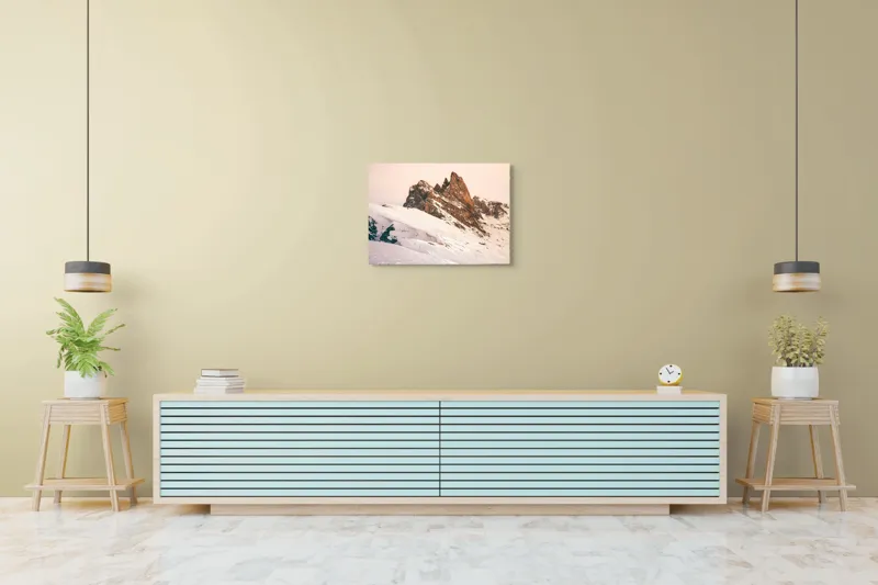 Tablou Canvas, "Munți înzăpeziți sub apus rozaliu", Pictură, Frumusețe, Măreție, Munți, Ninsoare, Majestuos, Peisaj, Tranquilitate, Splendoare, Natură, 70 x 50 cm – poza 7