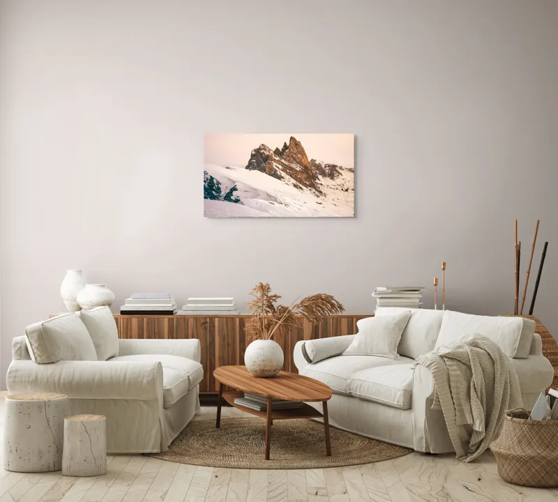Tablou Canvas, "Munți înzăpeziți sub apus rozaliu", Pictură, Frumusețe, Măreție, Munți, Ninsoare, Majestuos, Peisaj, Tranquilitate, Splendoare, Natură, 90 x 50 cm – poza 4