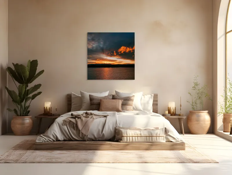 Tablou Canvas, "Apus de soare peste lac liniștit", Cer, Apus, Nori, Reflexii, Lumină, Apă, Orizont, Vibrant, Dramatic, Serenitate, 100 x 100 cm – poza 4