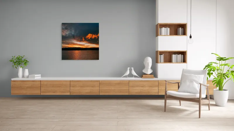Tablou Canvas, "Apus de soare peste lac liniștit", Cer, Apus, Nori, Reflexii, Lumină, Apă, Orizont, Vibrant, Dramatic, Serenitate, 100 x 100 cm – poza 8