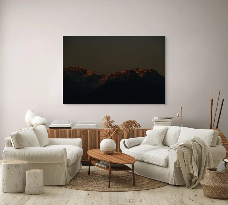 Tablou Canvas, "Munții la apus de soare", Munți, Apus, Întuneric, Siluetă, Zăpadă, Răsărit, Liniște, Contrast., 150 x 100 cm – poza 3