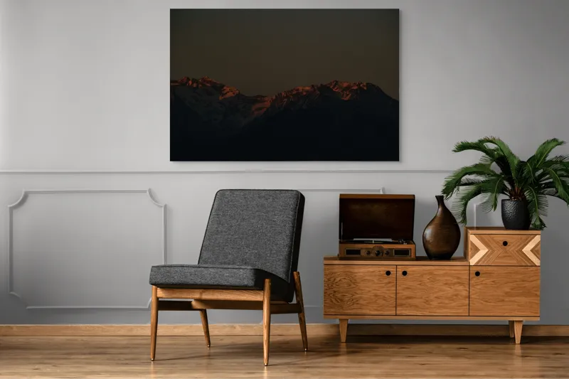 Tablou Canvas, "Munții la apus de soare", Munți, Apus, Întuneric, Siluetă, Zăpadă, Răsărit, Liniște, Contrast., 150 x 100 cm – poza 8