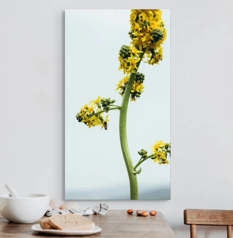 Tablou Canvas, "Albina și floarea galbenă înaltă", Plantă, Flori, Galben, Albine, Natură, Tulpină, Cer, Verde, Viață, Delicat., 50 x 90 cm – poza 3