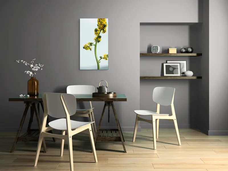 Tablou Canvas, "Albina și floarea galbenă înaltă", Plantă, Flori, Galben, Albine, Natură, Tulpină, Cer, Verde, Viață, Delicat., 50 x 90 cm – poza 4