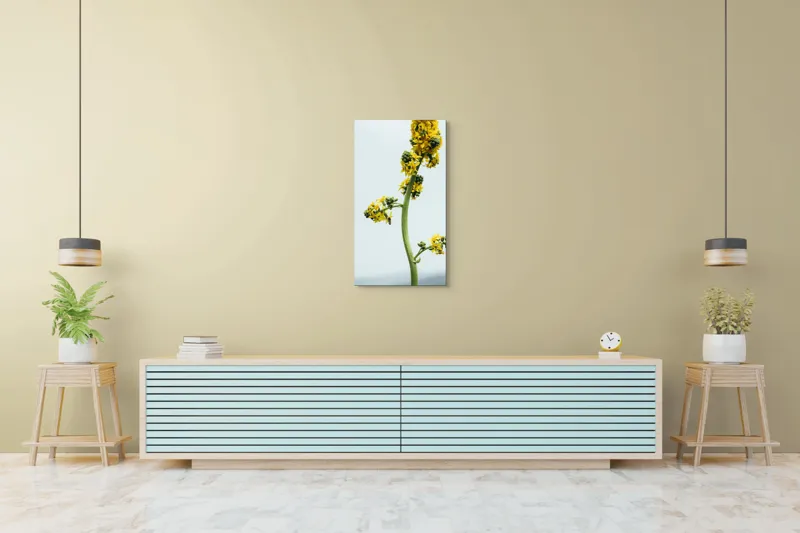 Tablou Canvas, "Albina și floarea galbenă înaltă", Plantă, Flori, Galben, Albine, Natură, Tulpină, Cer, Verde, Viață, Delicat., 50 x 90 cm – poza 6